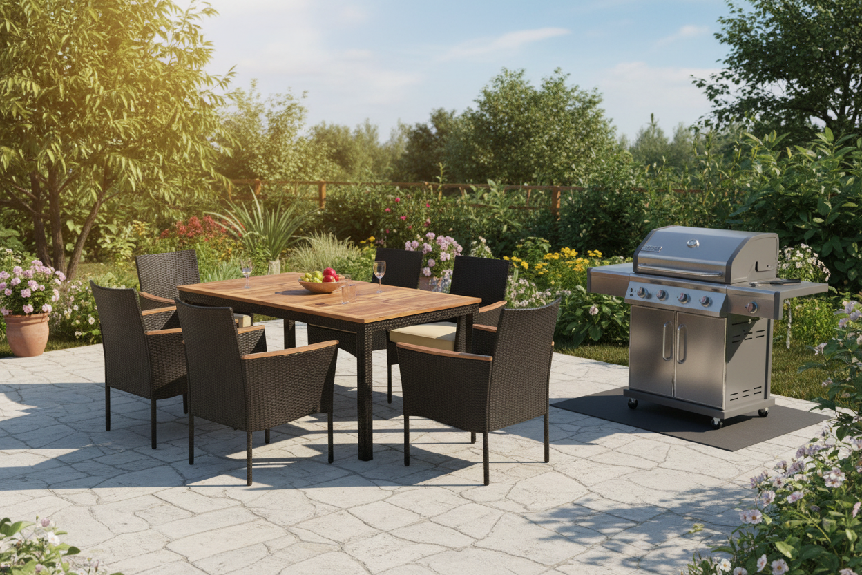 7 Pcs Rattan Patio Dining Set w/Stackable Chairs and Umbrella Hole-Beige/Mixed Brown