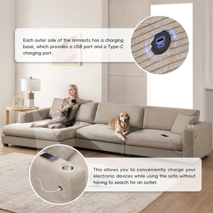 Oversized Corduroy Sectional Sofa, L Shaped Cloud Couch w/USB Charging Port, Cup Holder, Deep Seat Sofa Bed w/50" Chaise-Beige, Gray or Khaki