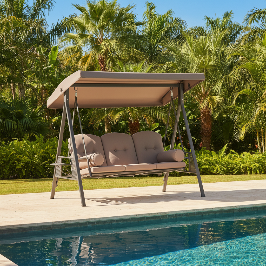 3-Seat Outdoor Patio Swing Chair Porch Glider w/Adjustable Canopy, Removable Cushion Pillows & Side Tray-Brown
