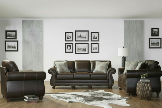 Traditional Style Faux Leather Upholstered Nailhead Sofa, Loveseat, and Chair Set w/Accent Pillows-Espresso