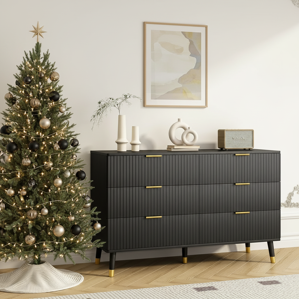 Modern 6 Drawer Dresser w/Golden Handles-White or Black