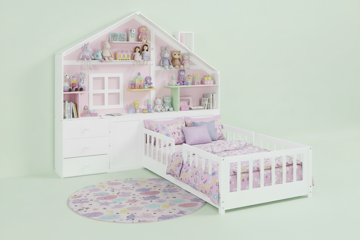 House Bed w/Window and Bedside Drawers, Platform Bed w/Shelves and a set of Sockets and USB Port in White-Twin