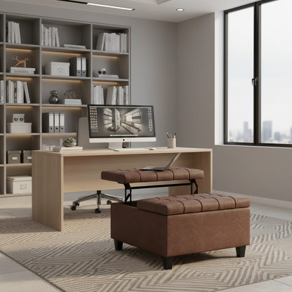 Square 30" Wide Dual Split Lift-Top Coffee Table/Storage in Ottoman-Saddle Brown Vegan Leather