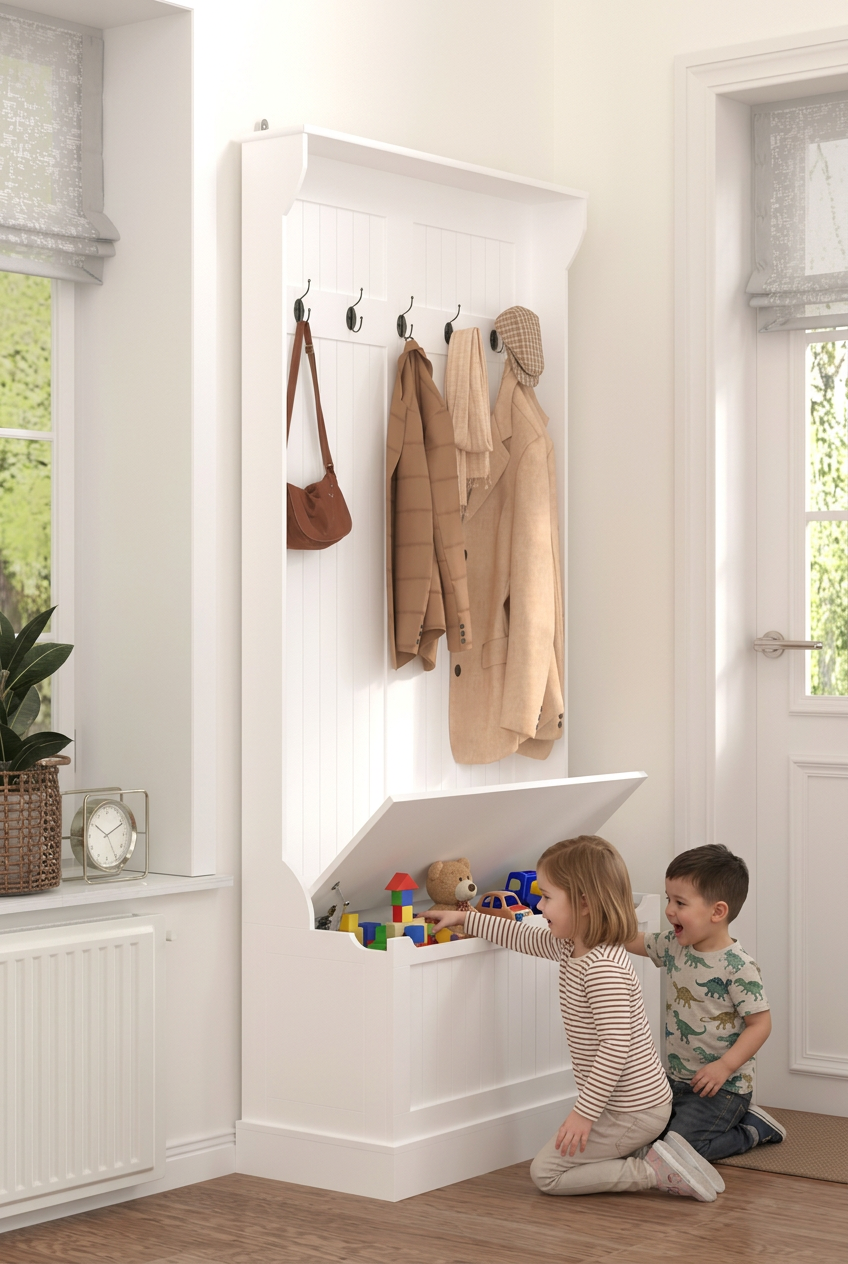 3 in 1 Entryway Hall Tree Organizer Bench w/Standing Coat Rack, Shoe Storage Bench-White