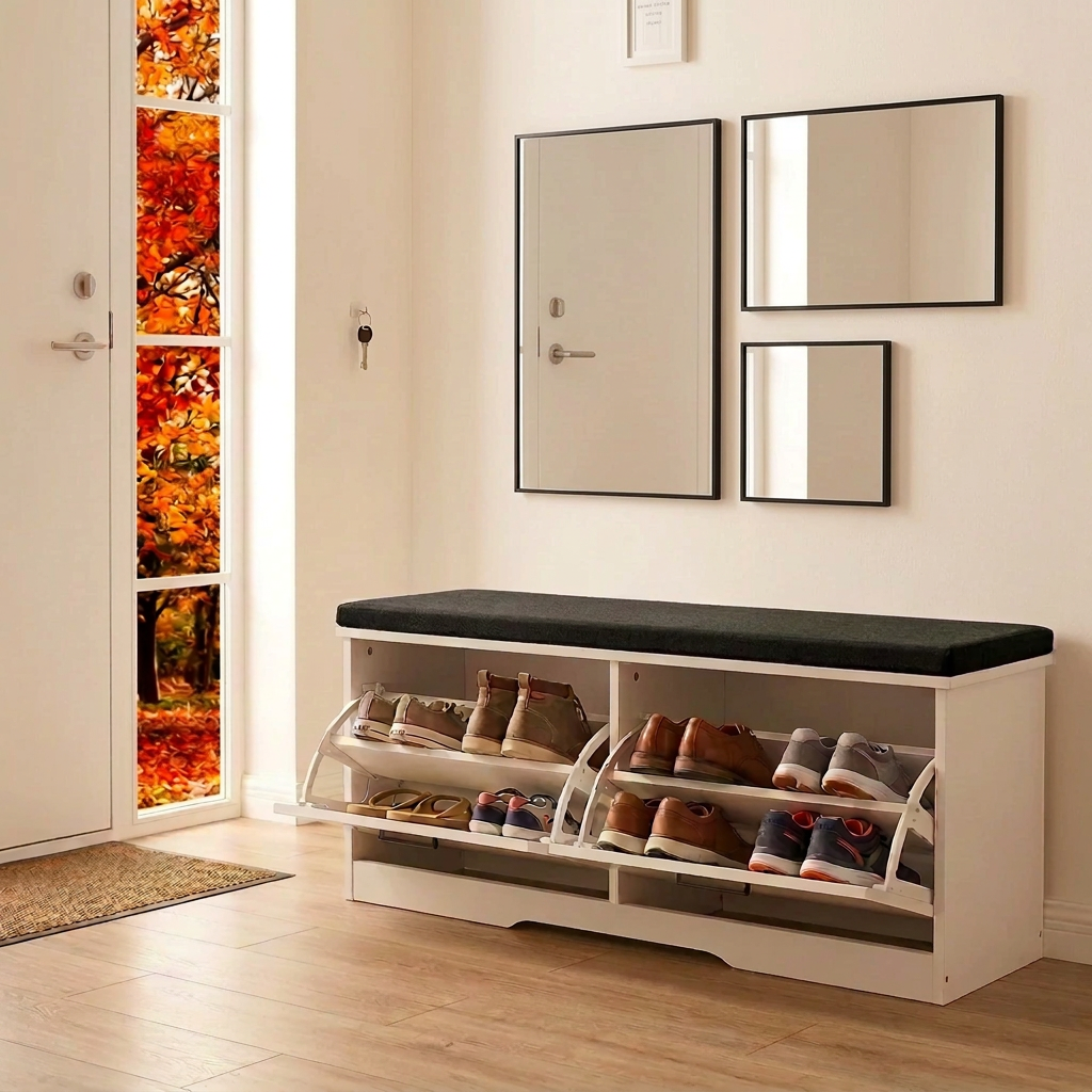 Stylish Entryway Shoe Storage Bench w/Cushioned Seat & Flip Drawers for Hallway Organization-White