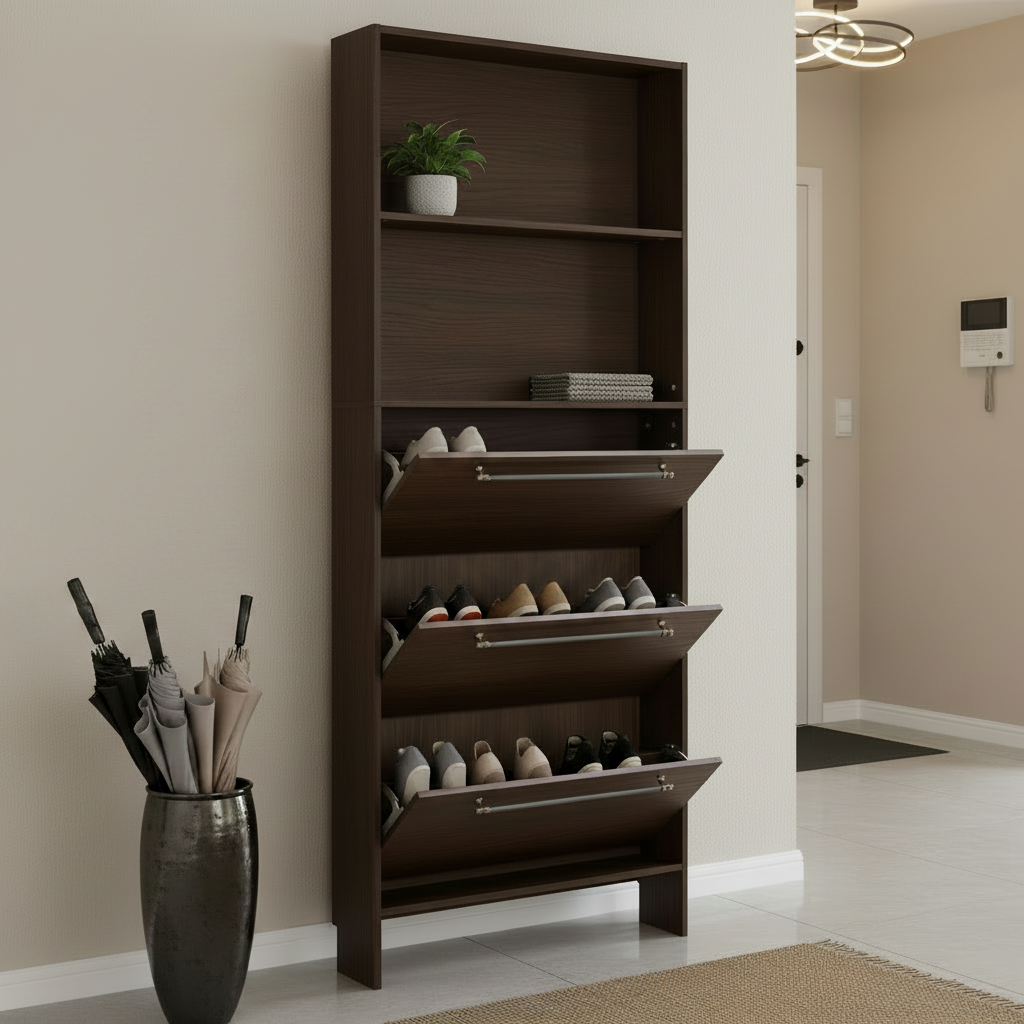 Freestanding Hidden Shoe Rack Storage Cabinet w/3 Flip Drawers Organizer and Open Shelves on Solid Wood Legs-Walnut