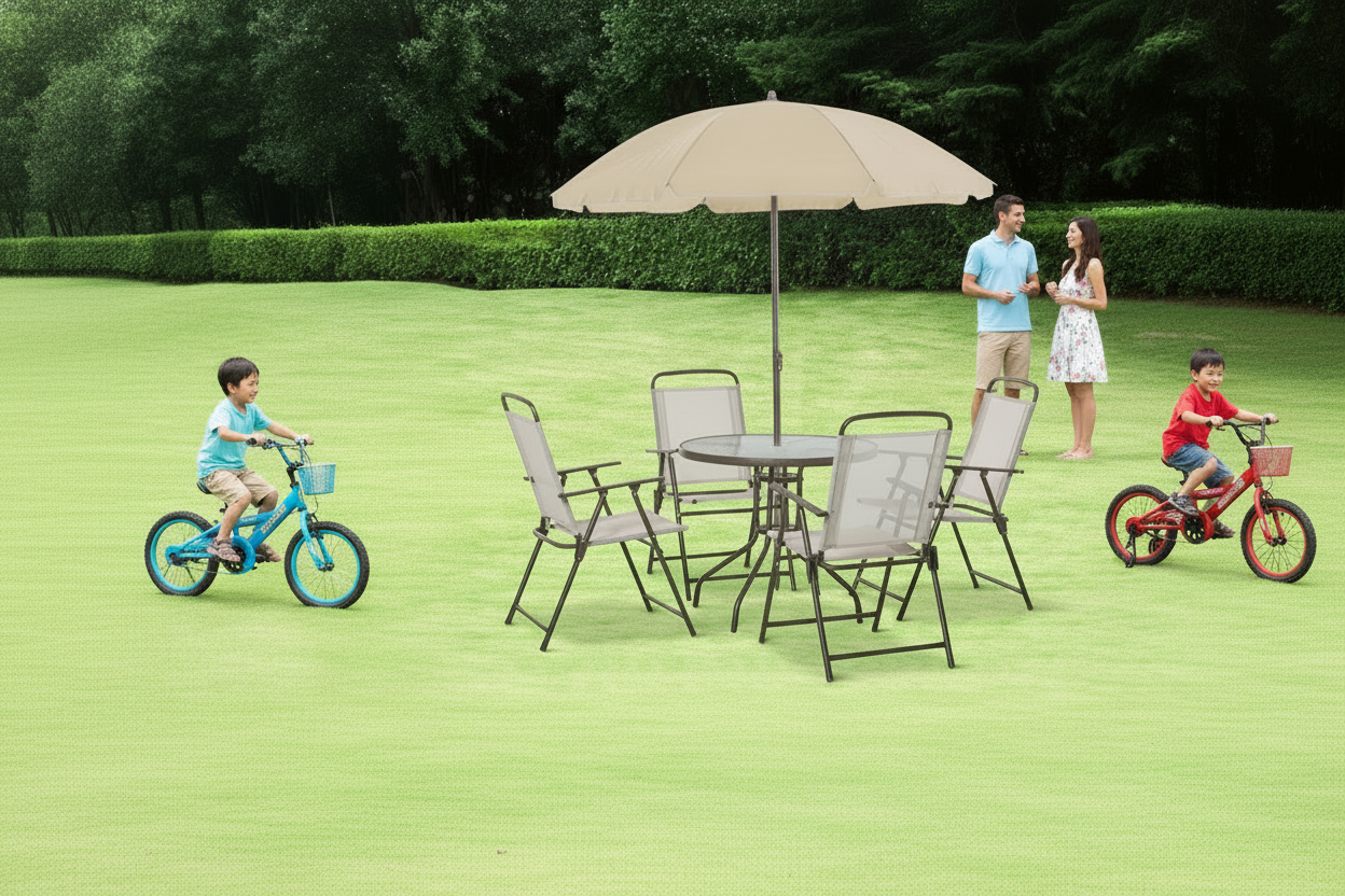 6 Pcs Patio Dining Set w/Umbrella, Folding Chairs & Glass Table-Beige
