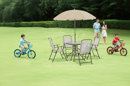 6 Pcs Patio Dining Set w/Umbrella, Folding Chairs & Glass Table-Beige