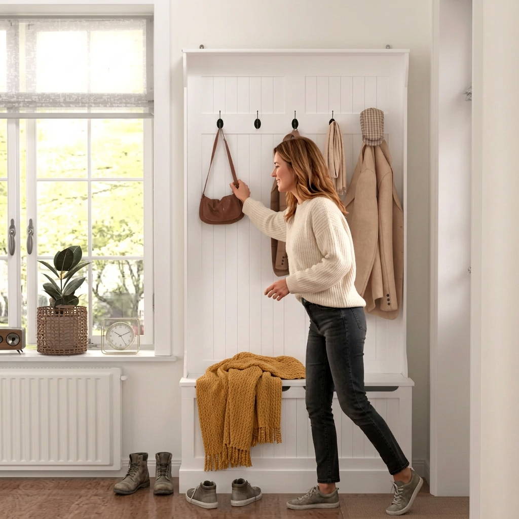 3 in 1 Entryway Hall Tree Organizer Bench w/Standing Coat Rack, Shoe Storage Bench-White