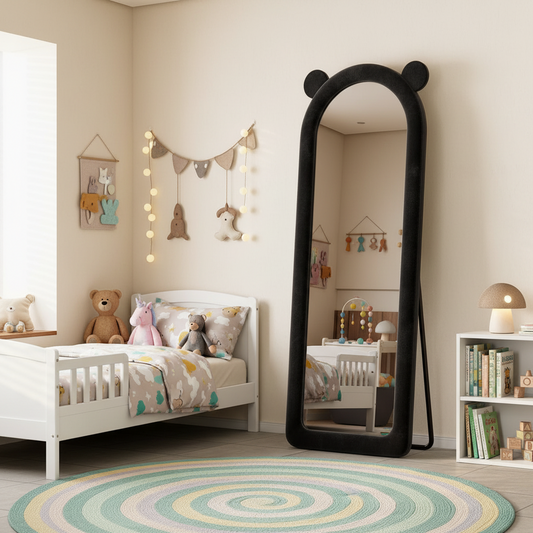 Arched Full Length Mirror w/Flannel Frame Decorative Round Edge Floor Mirror w/Bear Ears-Black
