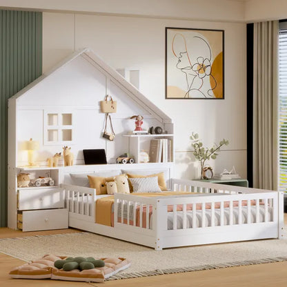 House Bed w/Window and Bedside Drawers, Platform Bed w/Shelves and a set of Sockets and USB Port in White-Twin