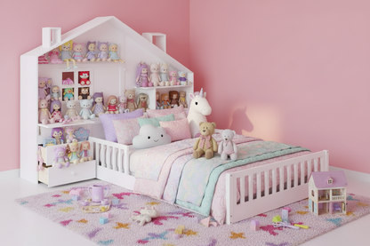 House Bed w/Window and Bedside Drawers, Platform Bed w/Shelves and a set of Sockets and USB Port in White-Twin
