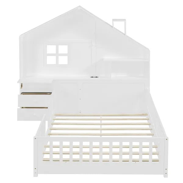 House Bed w/Window and Bedside Drawers, Platform Bed w/Shelves and a set of Sockets and USB Port in White-Twin