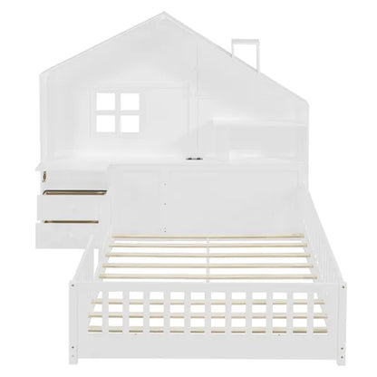 House Bed w/Window and Bedside Drawers, Platform Bed w/Shelves and a set of Sockets and USB Port in White-Twin