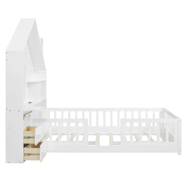 House Bed w/Window and Bedside Drawers, Platform Bed w/Shelves and a set of Sockets and USB Port in White-Twin