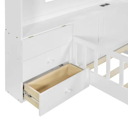 House Bed w/Window and Bedside Drawers, Platform Bed w/Shelves and a set of Sockets and USB Port in White-Twin