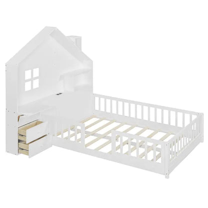 House Bed w/Window and Bedside Drawers, Platform Bed w/Shelves and a set of Sockets and USB Port in White-Twin