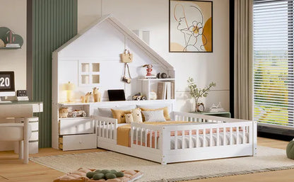 House Bed w/Window and Bedside Drawers, Platform Bed w/Shelves and a set of Sockets and USB Port in White-Twin