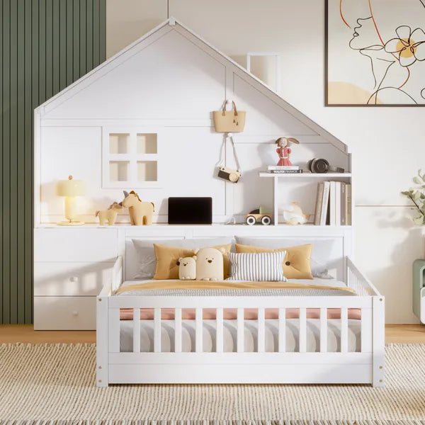 House Bed w/Window and Bedside Drawers, Platform Bed w/Shelves and a set of Sockets and USB Port in White-Twin