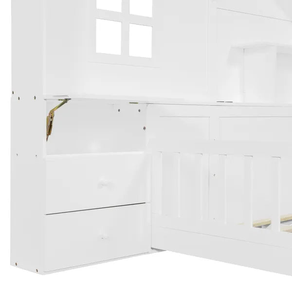 House Bed w/Window and Bedside Drawers, Platform Bed w/Shelves and a set of Sockets and USB Port in White-Twin