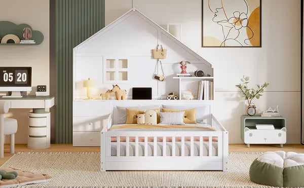 House Bed w/Window and Bedside Drawers, Platform Bed w/Shelves and a set of Sockets and USB Port in White-Twin