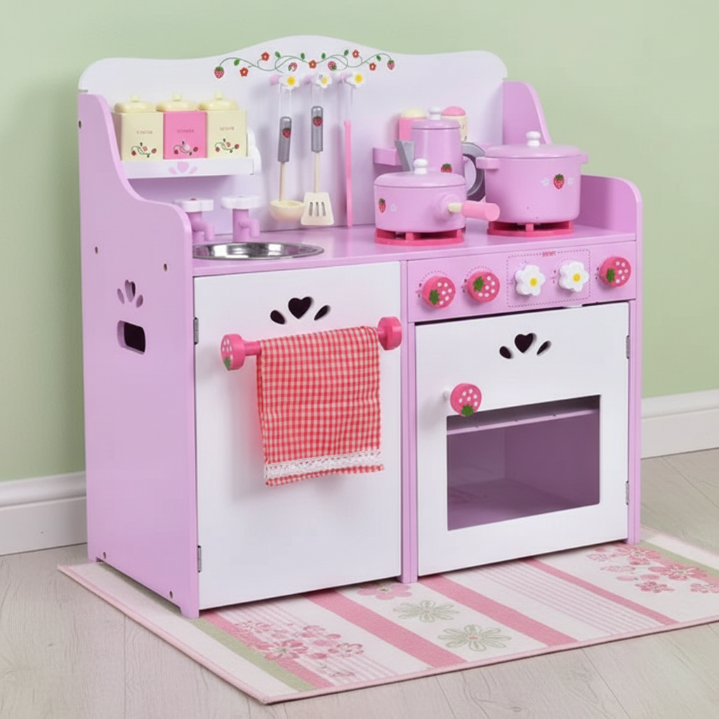 Kids Strawberry Armrest Sofa Chair or Wooden Kitchen Toy Strawberry Pretend Cooking Playset-Pink