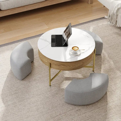 Modern Lift-Top Round Coffee Table w/Hidden Storage, Walnut Veneer & Sintered Stone Top, 3 Upholstered Nesting Ottomans, Space-Saving Design-Brown/Gray or Natural/Gray