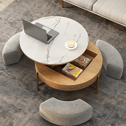 Modern Lift-Top Round Coffee Table w/Hidden Storage, Walnut Veneer & Sintered Stone Top, 3 Upholstered Nesting Ottomans, Space-Saving Design-Brown/Gray or Natural/Gray